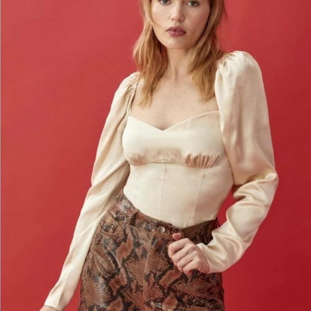 Reformation Roe Shirred Satin Silk Gold Champagne Blouse Top US 8